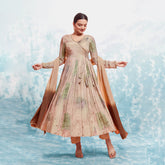 Brown Chinon Printed Angrakha Style Gown With Pant Dupatta